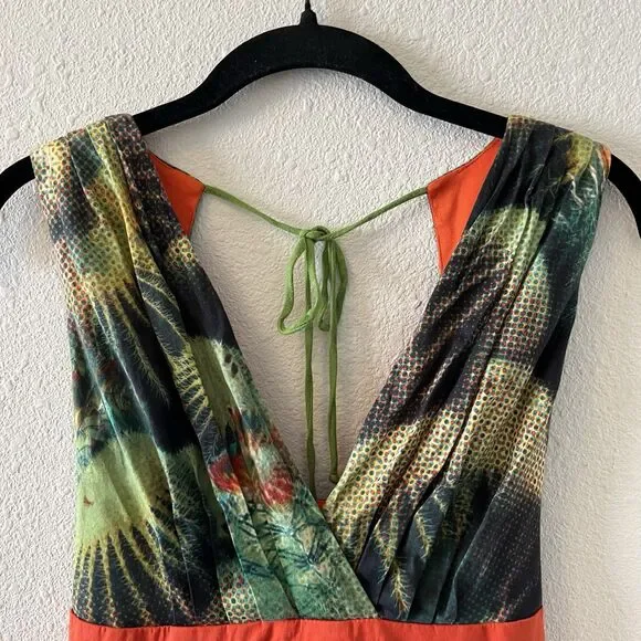 Eva Franco Anthropologie Dress Size 4 Succulents Green Orange Tie Back Western - Picture 2 of 16